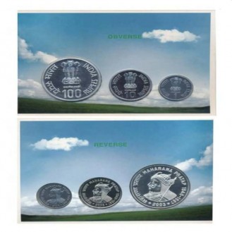VERY RARE MAHARANA PRATAP 2003 UNC SET OF 3 COINS RS 100,10 &1